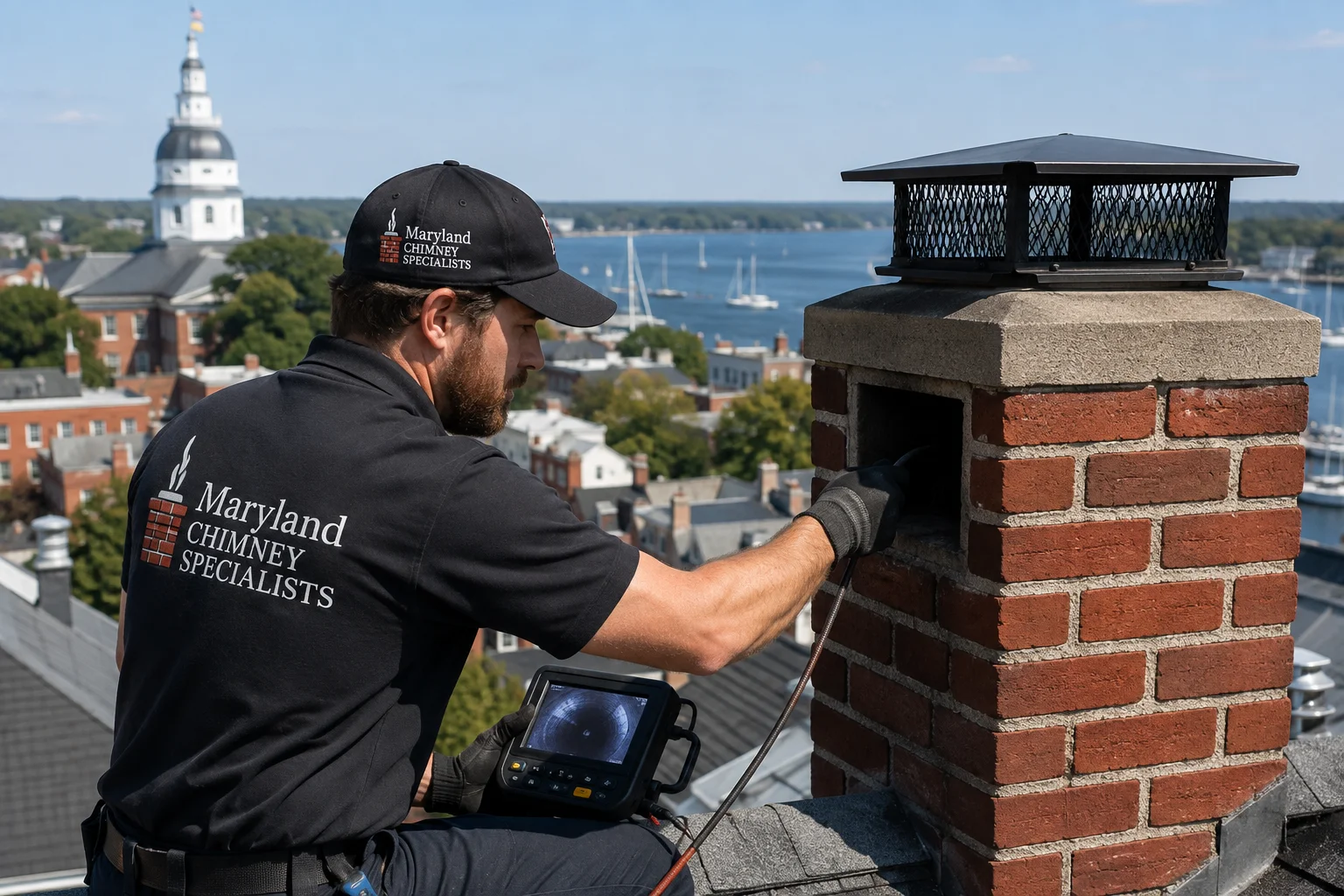Maryland chimney technician performing an inspection in Annapolis