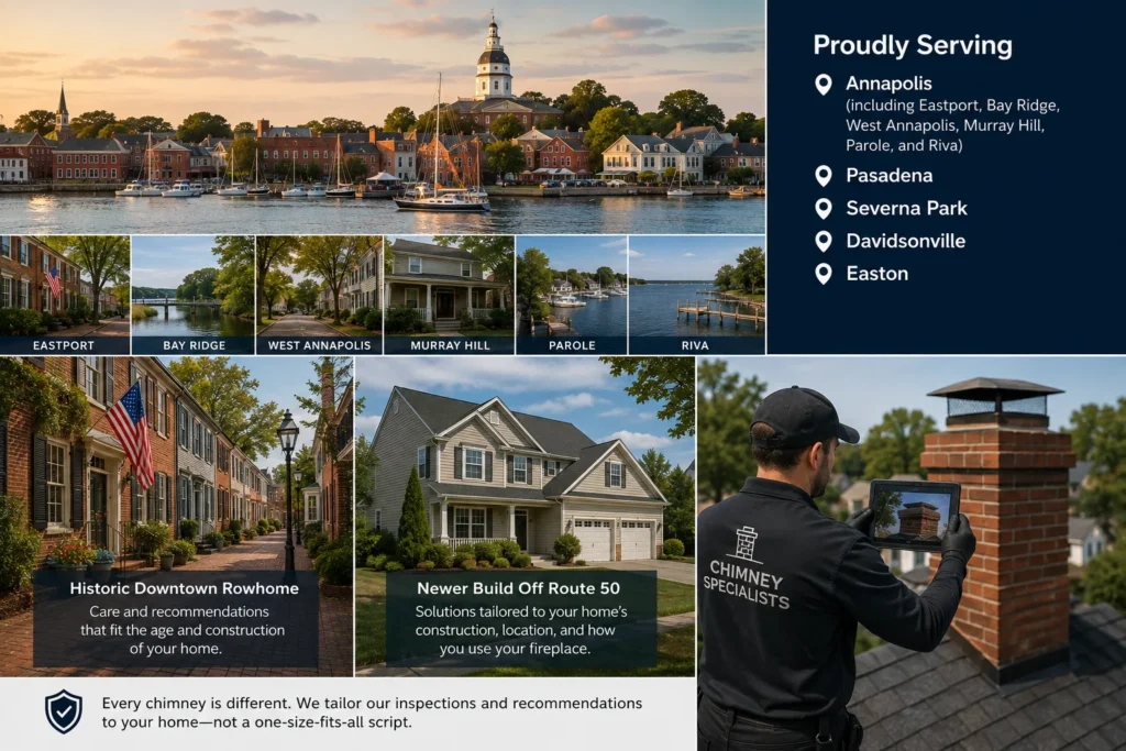 Professional chimney technician serving homeowners throughout Annapolis, Pasadena, Severna Park, Davidsonville, and Easton, Maryland.